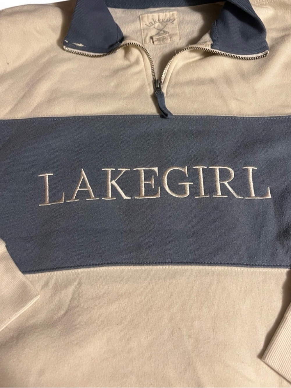 Lake Girl Women's Half-Zip Cream and Blue Pullover Sweater